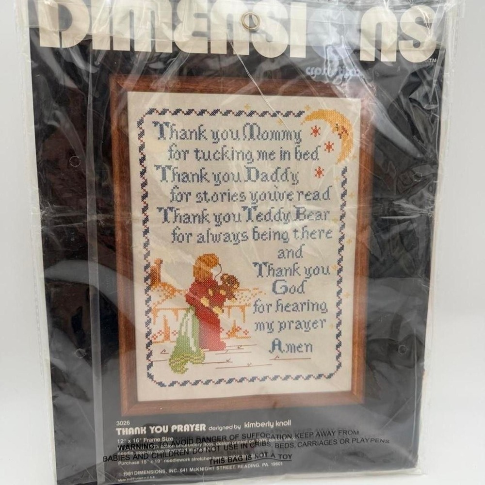 VTG Dimensions 3026 Cross Stitch Kit Thank You Prayer Teddy Bear 12 x 16